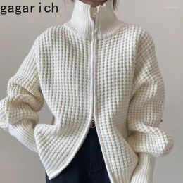 Women's Knits Gagarich High Neck Simple Style Zipper Knitted Cardigan Women Autumn Winter 2024 Loose Solid Temperament Sweater Top