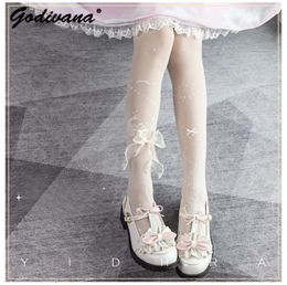 Women Socks Original Design Lolita Pantyhose 2024 Spring Summer Sweet Bow White And Black Tights Girls Thin Stockings
