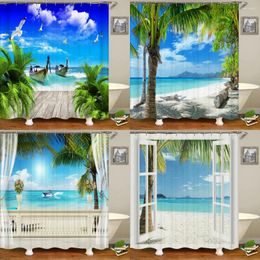 Shower Curtains 3D Beach Landscape Sea Ocean Sunny Palm Trees Printed Bathroom Curtain Waterproof Fabric With Hooks Decoration