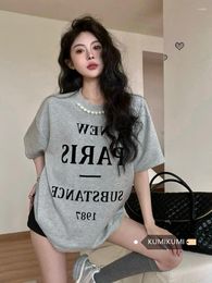 Women's Blouses Fashion Letter Print Tees Korean Chic Pearl Y2k Tops Girls Sweet O Neck Short Sleeve Ropa Mujer Summer 2024 T Shirt Women