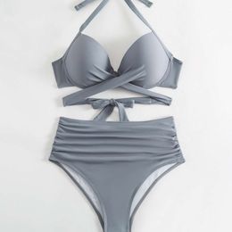 Hot selling solid Colour swimsuit in 2024 split body with chest pad steel tray bikini strap water wading swimsuit for women