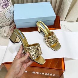 New Chunky Heels Designer Slippers Triangle Buckle Women Rhinestone Luxury Sandals Slip On Mules Slides lady open toe Slides Square Toe Beash Slippers