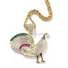 New Design Jewelry Gold Silver Color Iced Out Bling CZ Rooster Pendant Necklace with 24inch Rope Chain for Men Women