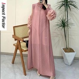 Casual Dresses Pleated Dress With Round Neck Long Sleeves Hand Cranked Flower Style Loose And Elegant For Women Summer 2024