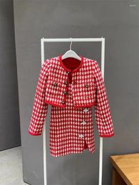 Women's Jackets 2024 Single Breasted Short Jacket Or Split Vest Dress Ladies Pleated Mini Skirt Elegant Red Tweed Suit