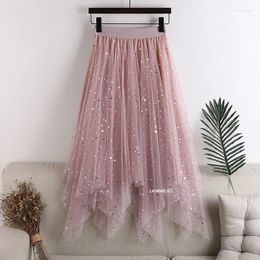 Skirts Plus Quality Size Elastic High Waist Long Tulle 2024 Summer Women Fashion Star Sequined Irregular Hem Mesh Tutu Skirt