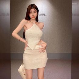 Work Dresses Female White Hanging Neck Irregular Strap Top Half Skirt Suit Summer Solid Spicy Knitted Wrap Hip Skirts Women Two Piece Set