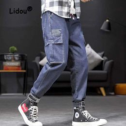 Men's Pants Spring and Autumn New Loose denim Cargo Pants Classic Waist Tie Rod Street Casual Korean Handsome Youth Full Competition Mens Trousers Y240522