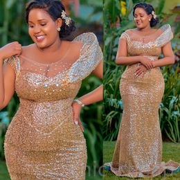 2024 Aso Ebi Gold Mermaid Prom Dress Beaded Crystals Sequined Evening Formal Party Second Reception 50th Birthday Engagement Thanksgiving Gowns Dresses ZJ57