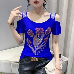 Women's T Shirts Summer T-Shirt Chic Sexy Off Shoulder Sling Short Sleeve Shiny Diamonds Flower Women Tops High Quality Mesh Tees