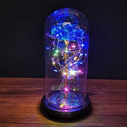 Decorative Objects Figurines Coloured Rose Artificial Flower LED Lamp Glass Cover Decoration Valentines Day Gift H240521 ZD72