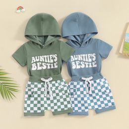 Clothing Sets FOCUSNORM 0-4Y Infant Baby Boys Summer Clothes 2pcs Letter Print Short Sleeve Hooded Tops Checkerboard Shorts