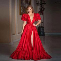 Party Dresses Ruffle Short Sleeve Red Deep V-Neck Floor Length Sweep Train High Slit Sexy Women Evening Dress Customised Long Prom