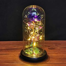 Decorative Objects Figurines Coloured Rose Artificial Flower LED Lamp Glass Cover Decoration Valentines Day Gift H240521 L2JJ
