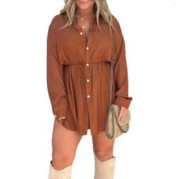 Womens Tracksuits Women Satin Romper Dress Sexy Button Down Vneck Mini Long Sleeve Nights Shirt Set Party