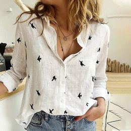 Women's Polos Women Of Peace Print Shirts Long Sleeve Female Tops Spring Loose Casual Office Lady Cotton And Linen Breathable Polo