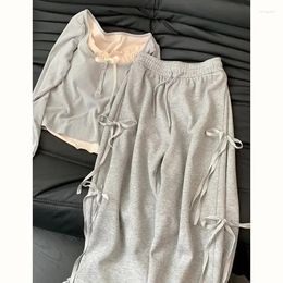 Women's Pants Spring Korean Style Wear Grey Casual Top Female 2024 Bow Design Super Sweet High Waist Slim Wide Leg Two-piece Suit