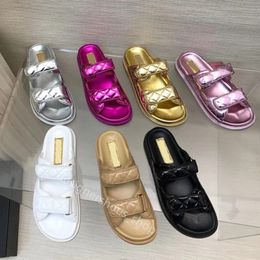 2024 SS Dad Sandals Slides Shoes Womens Mule beach Flat shoes 100% Leather slip on without the back strap summer Quilted Leather Designer Sandals Size 35-42 with box