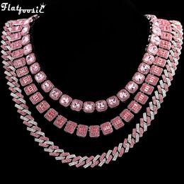 Hip Hop Pink Crystal Cuban Link Chain Necklace for Women Bling Iced Out Silver Colour Rhinestone Paved Choker Necklaces Jewellery 240509