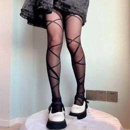 Women Socks Irregular Crossed Straps Pattern Tights Japanese Sweet JK Ballet Dance Sheer Thin Silky Pantyhose Stockings