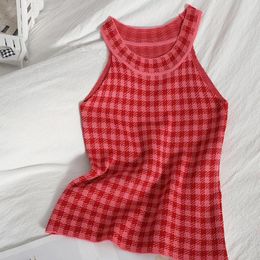 Women's Tanks Halterneck Knitted Tank Tops Women Plaid Camisole Sleeveless Casual Slim Fitting Sexy Sweet And Spicy Crop Top Base Shirt