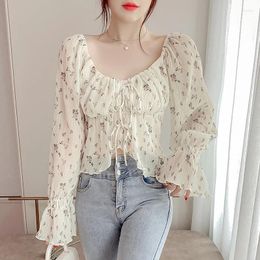 Women's Blouses Korean Chic Lace-up Flared Long Sleeve Chffon Blouse Women Fashion Floral Print Fairy Shirts Ladies Irregular Hem Tops