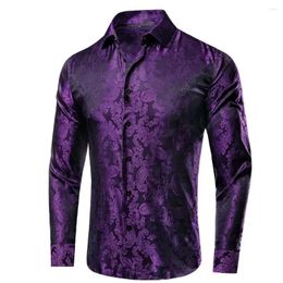 Men's Dress Shirts Lilac Mauve Lavender Purple Silk Mens Luxury Lapel Long Sleeve Shirt Jacquard Blouse For Male Wedding Business Prom