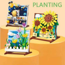 Blocks Flower Frame Building Creative Artwork Painting Sunflower Tulip Assembly Bricks Diy Decoration Girl Christmas Gifts H240522