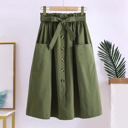 Skirts For Women Ladies Casual Bow Knot High Waist Ruched Pleated A Line Midi Skirt With Pocket Button Temperament