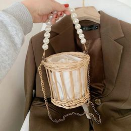 Shoulder Bags Fashion Straw Weave Crossbody For Women 2024 Summer Pearl Chain Tote Beach Bag Women's Handbag 7123