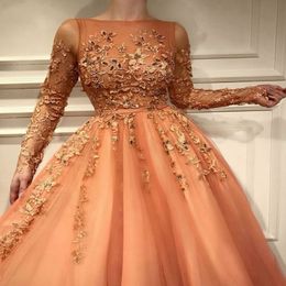 Muslim Turkish Evening Dresses A-line Long Sleeves Tulle Appliques Beaded Dubai Saudi Arabic Long Elegant Evening Gown 304C