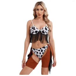 Bras Sets Womens Crazy Western Cowgirl Outfit Underwire Fringed Bra Top With Briefs Cutout Print Cowboy Shorts Costume Halloween Dress Up