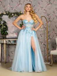 2024 Fashion Prom Formal Dresses Strapless Illusion Sweetheart Bodice Lace Appliques Silt Tulle Evening Dress Birthday Party Gowns vestidos de fiesta