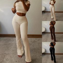 Women's Two Piece Pants Casual Women Tracksuit 2piece Set Solid Short Sleeve Crop Tops Flare Skinny Elastic Matching Streetwear Outfits
