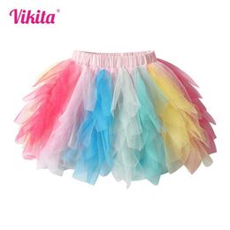 Skirts VIKITA Girls Colorful Skirt Kids Mesh Tulle Layered Cake Mini Skirts Girls Birthday Party Travel Beach Irregular Casual Skirts Y240522