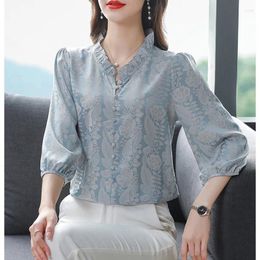 Women's Blouses M-3XL Fashion Floral Printed Silk Shirt Retro Women Top 3/4 Sleeve Casual Pullover Blouse