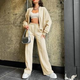 Women's Two Piece Pants Women Coat Set Stylish Tracksuit With Stand Collar Zipper Closure Long Sleeve Wide Leg For Ladies