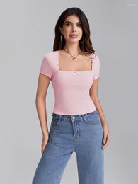 Women's T Shirts Women S Summer Crop Tee Solid Color Lace Trim Cap Sleeve Square Neck Show Navel Tops Trendy Streetwear