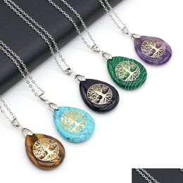 Pendant Necklaces Natural Stone Tree Of Life Necklacewhite Purple Pink Crystal Water Drop Shape Metal Alloy Seven Chakra Reiki For D Dh8Yx