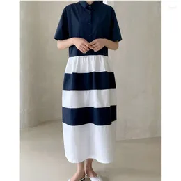 Casual Dresses South Korea Chic Summer French Vintage Lapel Colour Stripes Design Waist Short Sleeve Shirt Dress Women