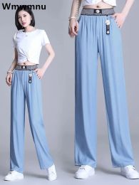 Spring Summer Ultra Light Wide Leg Pants Women Casual High Waist Ice Silk Pantalones Baggy Sweatpants Korean Straight Trousers