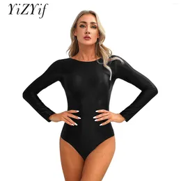 Women's Swimwear Womens Glossy Bodysuit Oil Shiny Smooth One-piece Long Sleeve Round Neck U Back Tight Leotard Top Swimsuit Rash Guard