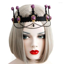 Hair Clips Women Girl Headbands Purple Rose Flower Crown Tiara Bead Drop Chain Tassel Headpiece Fancy Dress Party Bridal Wedding Band