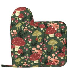 Mushroom Vintage Art Print Oven Mitts and Pot Holders Sets of 2 Resistant Hot Pads Non-Slip Gloves for Cooking Baking Grilling