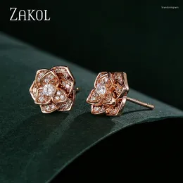 Stud Earrings ZAKOL Cute Rose Flower Micro Cubic Zirconia For Women Simple Small Ear Jewelry E3058