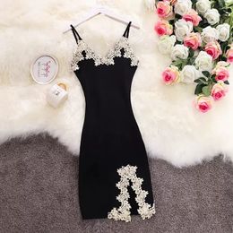 Elastic Guipure Lace Panel Bodycon Cami Dress Elegant Split Spaghetti Strap Dress Womens Clothing Short Dress 240518