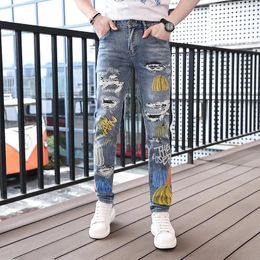 Men's Jeans 2024Summer Thin Street Personalised Stylish Print Casual Light Luxury Fashion Elastic Slim Fit Long Skinny Pants