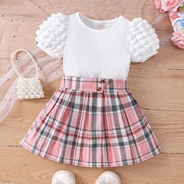 Clothing Sets Kids Casual Outfits For Girls Summer 2024 Toddler White Tops Shirts Pink Plaid Skirt Fashion Children 2-8Y