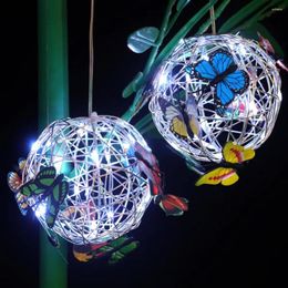 Party Decoration Garden Hanging Solar Light Round Ball With Butterfly Waterproof Metal Weaving Lamp Home Decorative Nightlight