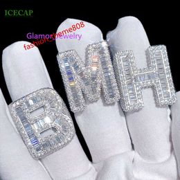 Custom Moissanite Ring 925 Silver Men Full Baguette Cut Moissanite Letter Ring Single Letter Ring for Hip Hop Jewellery